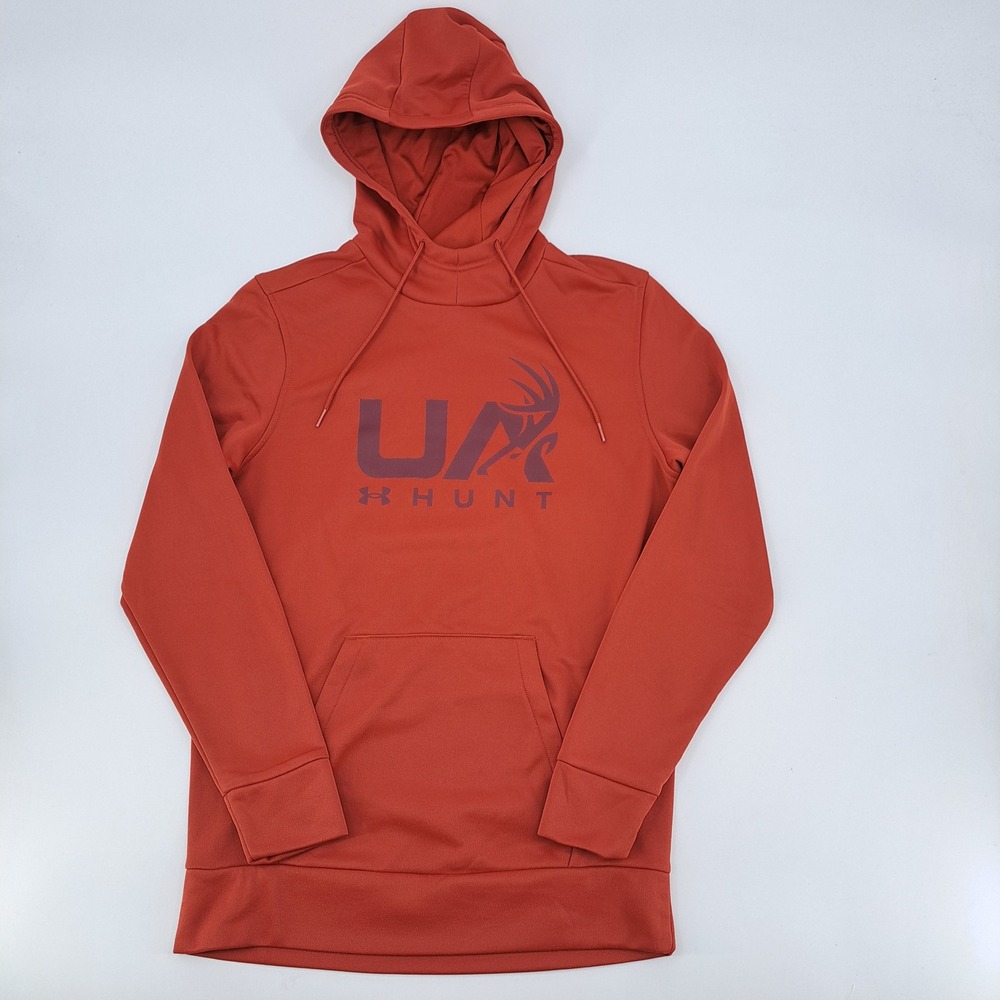 Under Armour UA Hunt Hoodie Men Size S Polyester Rust Orange Graphic Logo Fleece